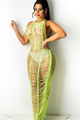 Knitted halter neck backless mesh see through maxi