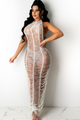 Knitted halter neck backless mesh see through maxi