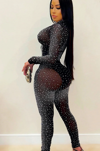 Deep V Rhinestone Party Cut Out Two-Piece Pants Set